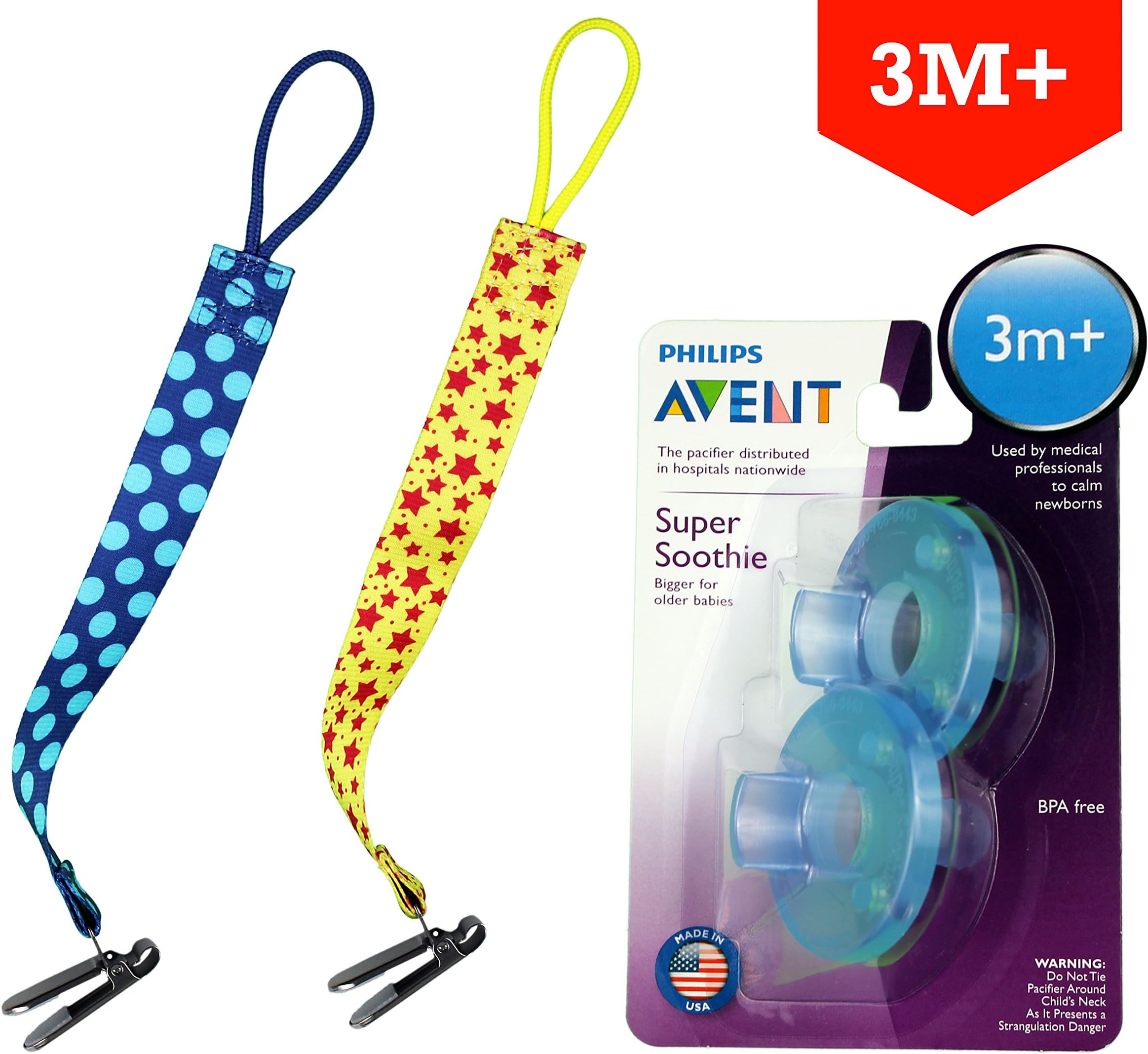 Soothie Pacifier 3 Months And Older + Pacifier Clip (Avent + BabyBecca) Bundle, No Rust Stainless Steel Clip, Pacifier Holder, For Boy or Girl, Binky Clip, Best Baby Shower Gifts for Boys or Girls