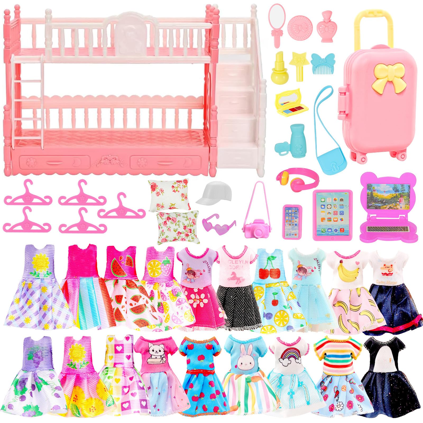 Photo 1 of 44 Pcs 18 Dresses and Accessories Mini Bunk Bed Travel Suitcase with 2 Pillows, 10 Hangers,1 Sunglasses, 1Headset, Pink Computer Set