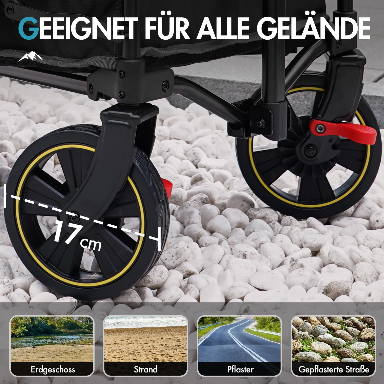 Portal Bollerwagen faltbar XXL Große Ladefläche 120kg belastbar Handwagen mit Getränkehalter Seitentasche Transportwagen Leiterwagen klappbar Strandwagen Faltwagen für Garten Camping Festival 7