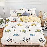 DJY Cars Kids Duvet Cover Set Full Size, 3 Pieces 100% Cotton Kids Bedding Set for Boys Girls, Reversible Yellow Stripes Comforter Cover Set (1 Duvet Cover+2 Pillowcases)