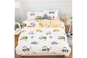 DJY Cars Kids Duvet Cover Set Full Size, 3 Pieces 100% Cotton Kids Bedding Set for Boys Girls, Reversible Yellow Stripes Comforter Cover Set (1 Duvet Cover+2 Pillowcases)