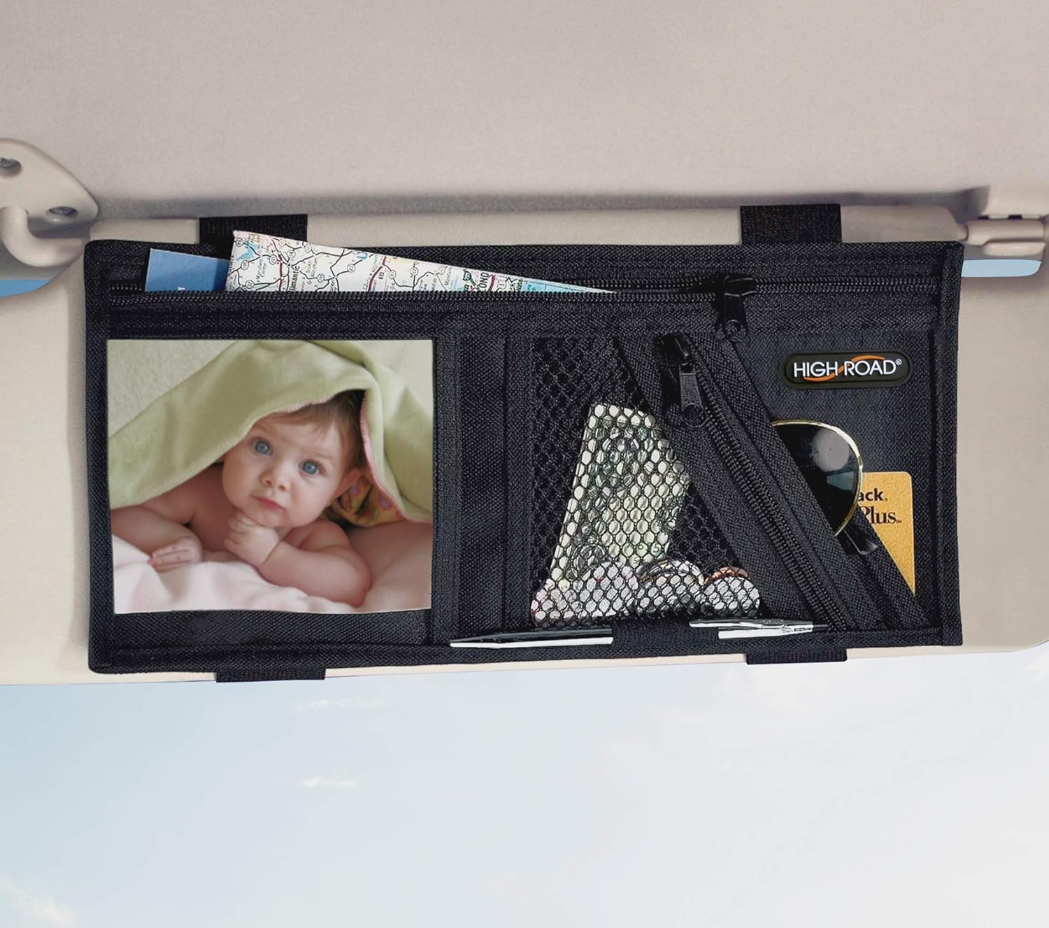 High Road Car Sun Visor Organizer with 8 Pockets for Sunglasses, Registration & Insurance Documents