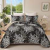DJY Black King Size Quilt Set Branch Floral Bedspread Coverlet Set, Black Botanical Pattern Quilted Bedding Set 3 Piece Soft Lightweight Microfiber Bed Cover for All Season (110''x90'')