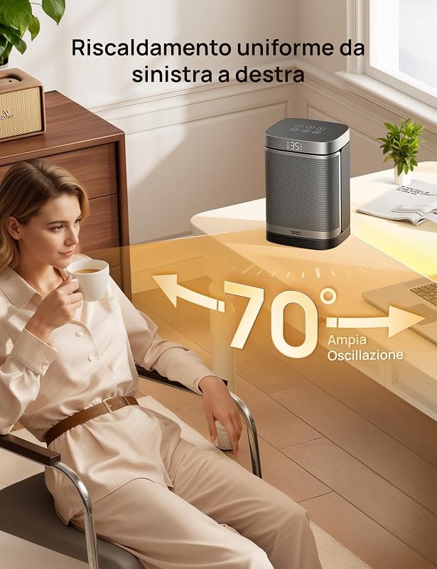Termoventilatore a risparmio energetico, silenzioso, riscaldamento elettrico da 1500 W, con telecomando, riscaldamento elettrico oscillante a 70°, timer da 12 ore, 3 modalità 3 velocità,
