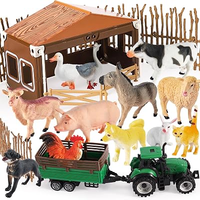 BUYGER Farm Animals Figures Set with Tractor Trailer and Fence Kit