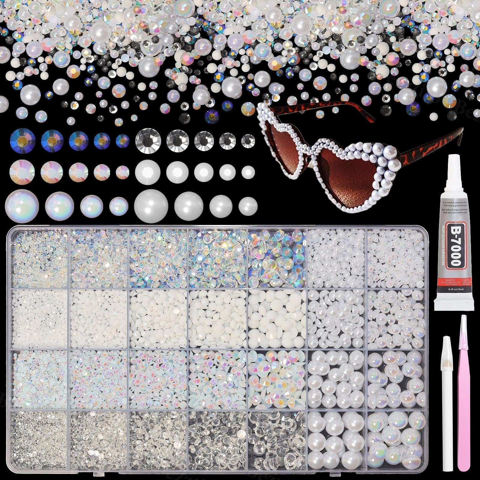 Photo 1 of 14000Pcs Mixed White Flatback Rhinestones and Pearls for Bedazzling Kit, 2-6mm Resin Gems Bedazzling Rhinestone, 4-10mm Flatback Pearls Gems Rhinestones for Crafting DIY Face Makeup