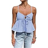 SHENHE Women's Striped Spaghetti Strap Babydoll Tank Tie Front Bow Ruffle Peplum Cami Top