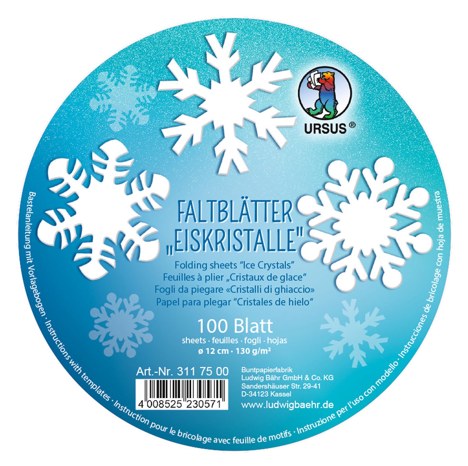 Ursus 3117500 Folding Sheets for Ice Crystal Coloured Drawing Paper 130 g/m² White Diameter 12 cm
