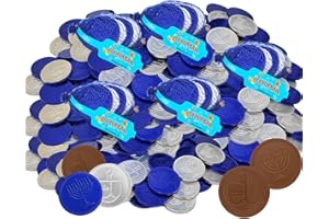 The Dreidel Company 6 Mesh Bags Blue & Silver Hanukkah Mesh Bags Milk Chocolate Coins, Hanukkah Design Gelt, Non GMO, Kosher Certified OU-D