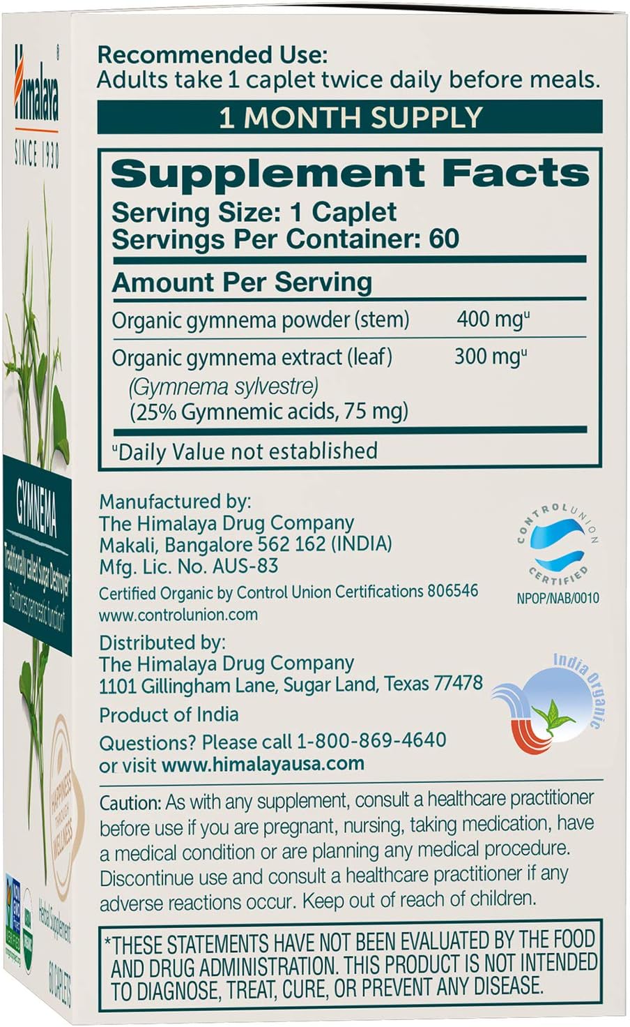 Himalaya Organic Gymnema Sylvestre, Equivalent to 8,254mg of Gymnema Sylvestre Powder, for Blood Sugar Support, 60 Caplets, 2 Month Supply (2 Pack): Health & Personal Care