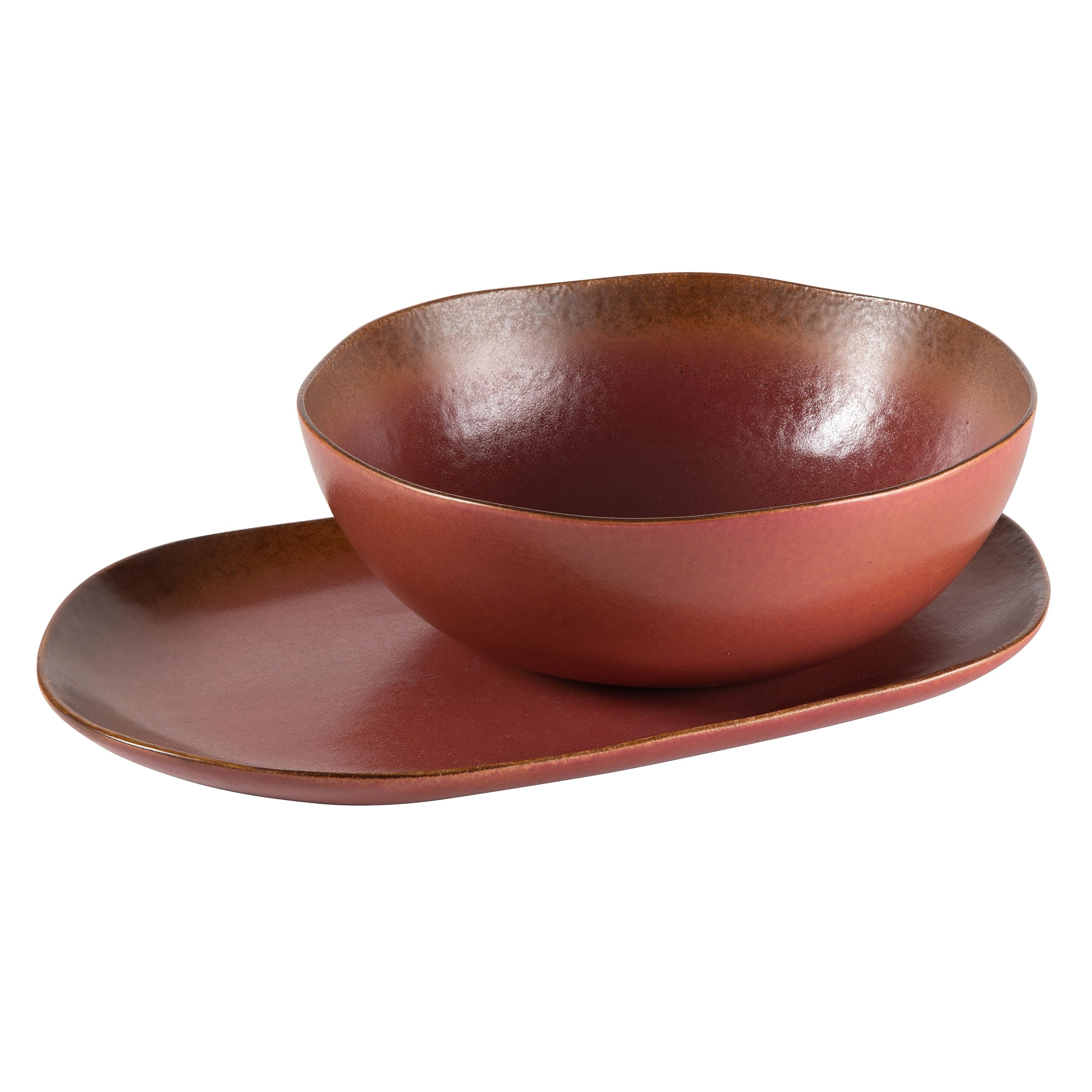 Bloomhouse Palermo Sun 2 Piece Serving Bowl and Oval Platter Stoneware Reactive Glaze Serveware Set - Paprika Red Image Bloomhouse Palermo Sun 2 Piece Serving Bowl and Oval Platter Stoneware Reactive Glaze Serveware Set - Paprika Red Image
