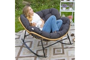 BULEXYARD Outdoor Papasan Rocking Chair with Padded Cushion, Oversized PE Rattan Comfy Royal Rocking Chair, Modern Comfy Patio Egg Chair Indoor Outdoor (1 pc, Dark Grey)