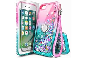 NGB SUPREMACY NGB Compatible for iPhone 6 6S 7 8 Case, iPhone SE 3 2022/iPhone SE 2 2020 Case with Tempered Glass Screen Protector, Ring Holder, Girls Women Kids Liquid Glitter TPU Cute Case (Pink/Aqua)