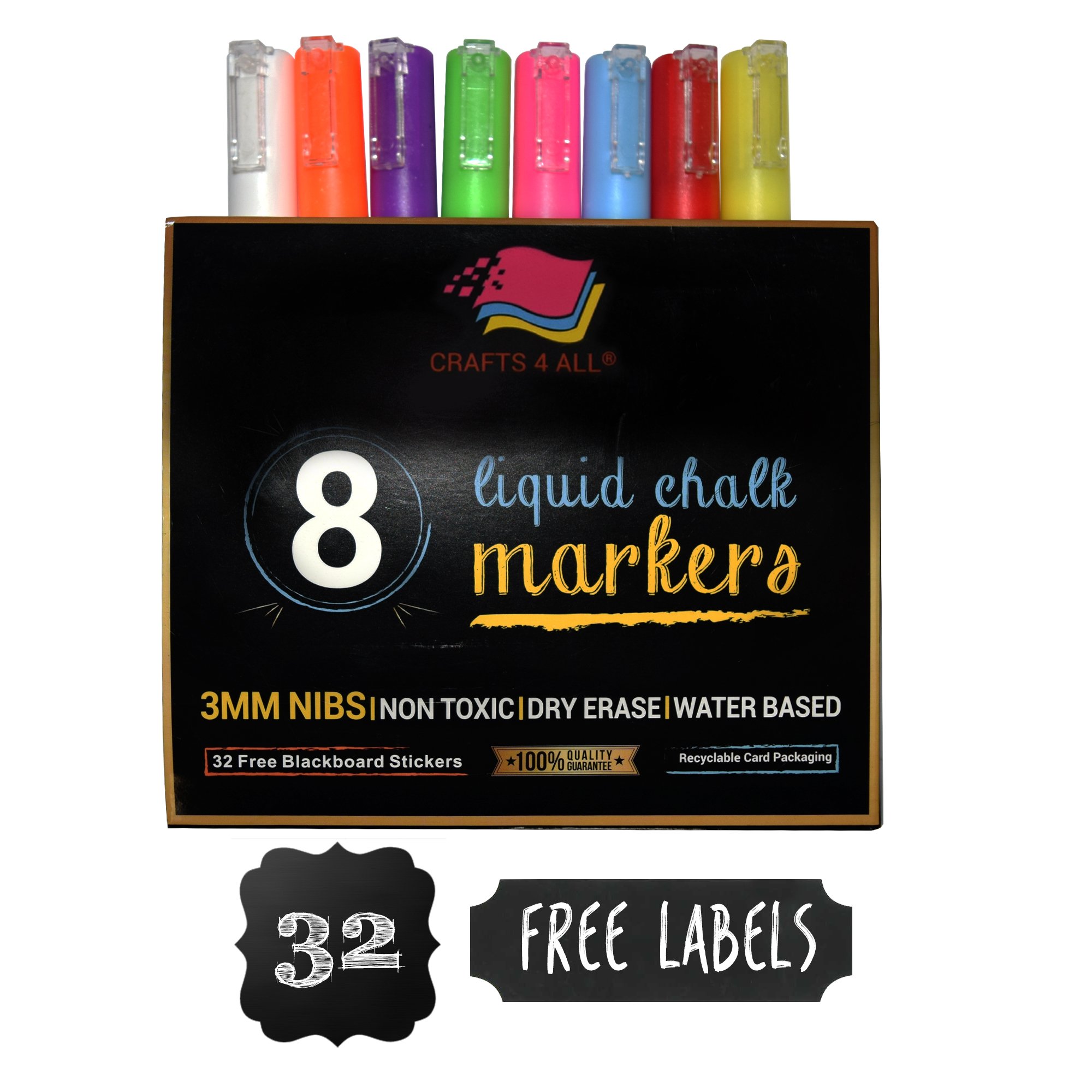 Liquid Chalk markers pens with erasable ink and 3MM reversible tips 8 pack neon colors 32 free chalkboard labels by Crafts 4 ALL