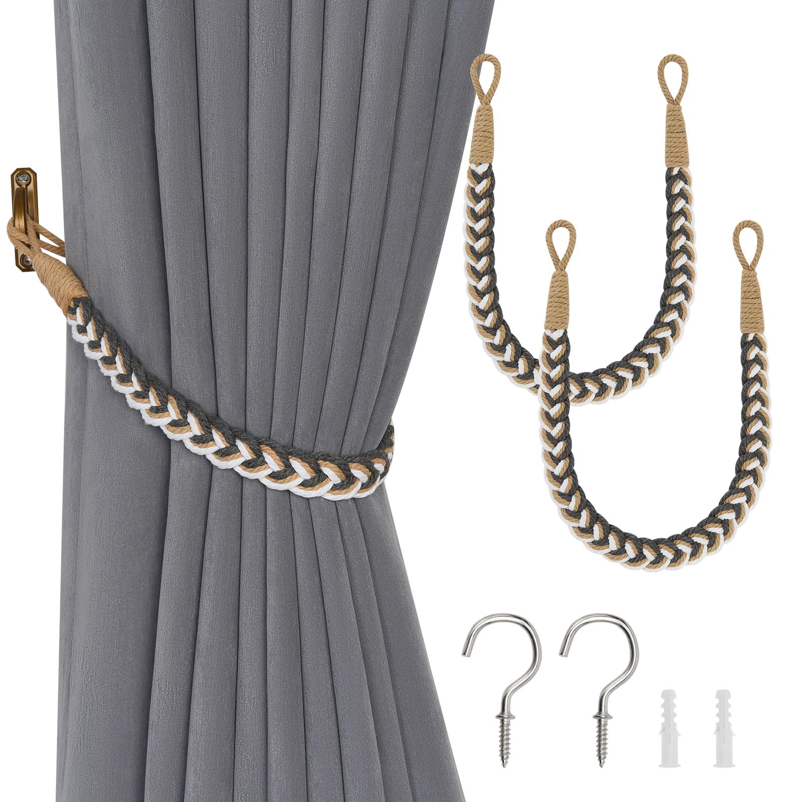 Pretty Jolly 2 Pack Natural Cotton Rope Curtain Tiebacks Elegant Boho Style Decorative Drape Tie Backs Soft Hand-Woven Rope Curtain Holdbacks with Metal Hook for Home Office Drapery (Grey & Beige)