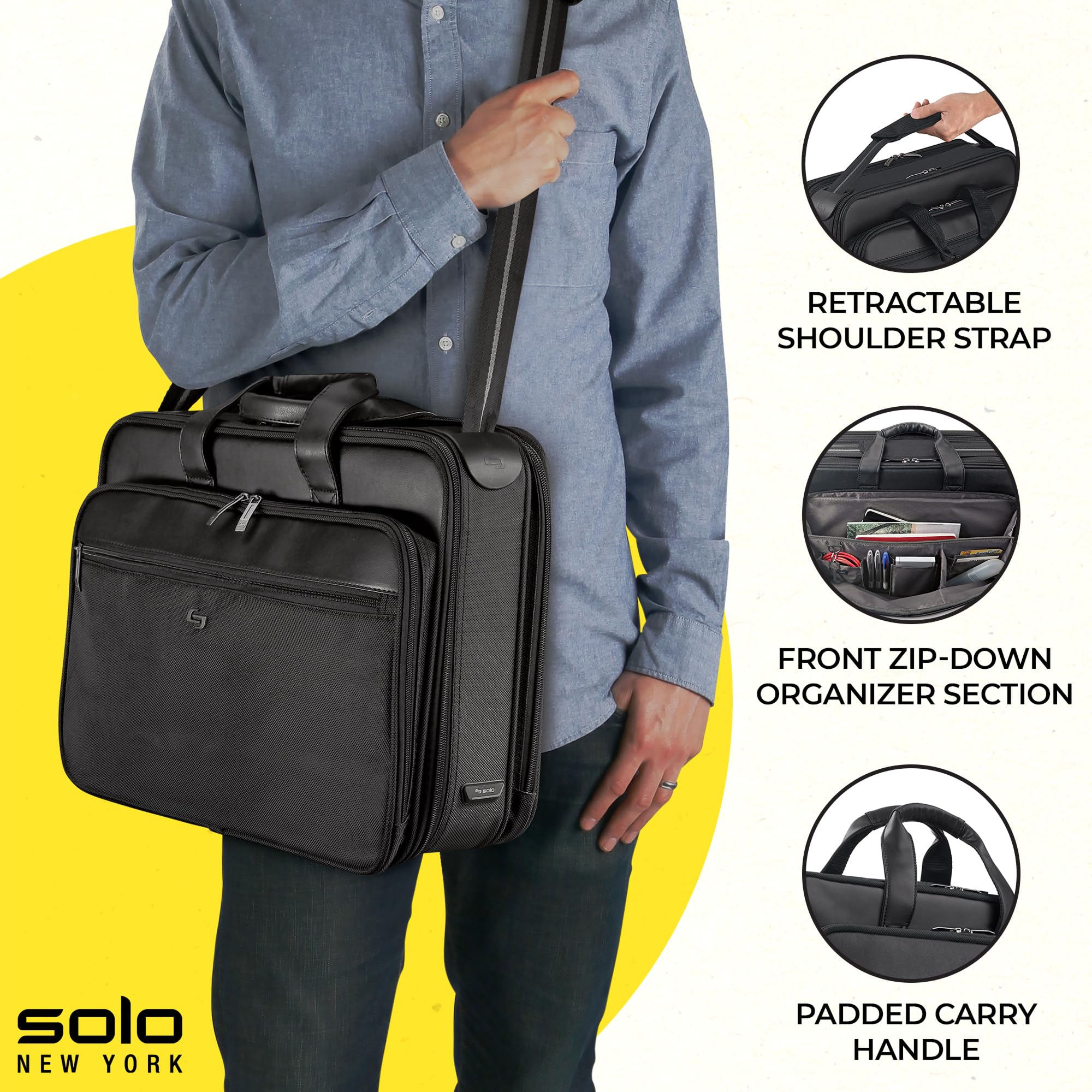 Solo New York Briefcase - Laptop Carrying Bag for Women & Men, Brief for Travel & Work, File Compartment, Retractable Shoulder Strap, Fits 16