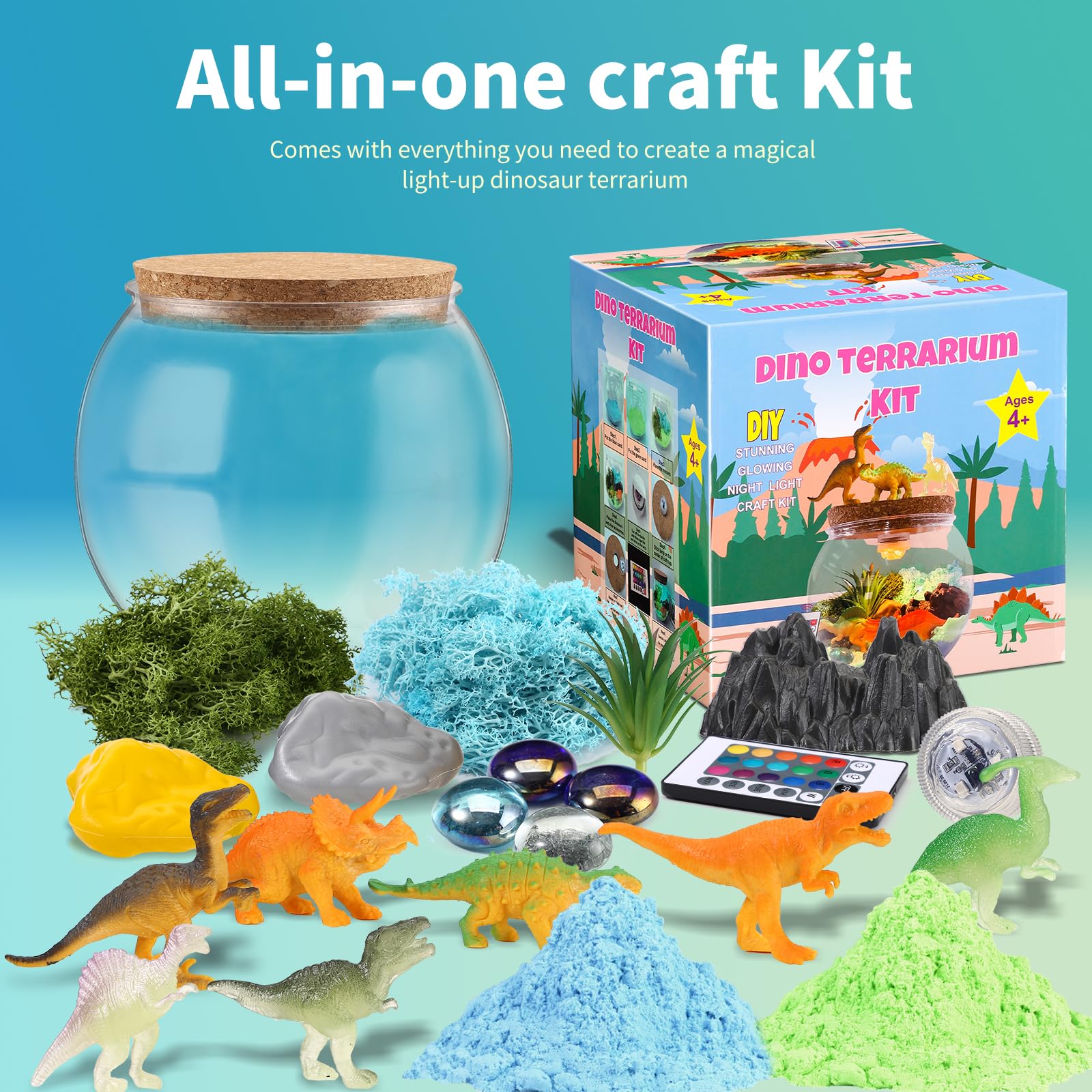 Dinosaur Terrarium Kit, Light Up Terrarium Kit Kids Crafts Toys, DIY Dino Arts and Crafts for Kids Ages 4 5 6 7 8-12 Years Old, Dinosaur Present for Boys Girls, Ideal Birthday Ideas