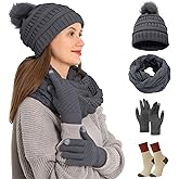 4pcs Winter Beanie Hat Scarf Touch Screen Gloves Warm Knit Socks Set for Women Knit Hat with Faux Fur Ball Scarves Glove