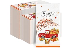 LINHAXM 100 Pcs Fall Guest Napkins – Thanksgiving Disposable Napkins with Watercolor Truck & Pumpkins for Autumn Harvest Party, Kitchen, Bathroom, Thanksgiving Decorations