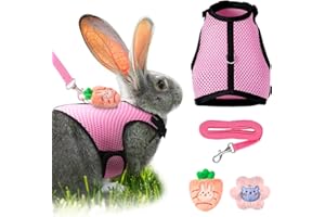 BUNNYCOOL Christmas Rabbit Harness and Leash Set with 2 Cute Decorations Bunny Clothes Adjustable Buckle Breathable Mesh Vest Harness for Rabbits Ferret Small Pig Puppy Walking(Pink,Cute Pattern)