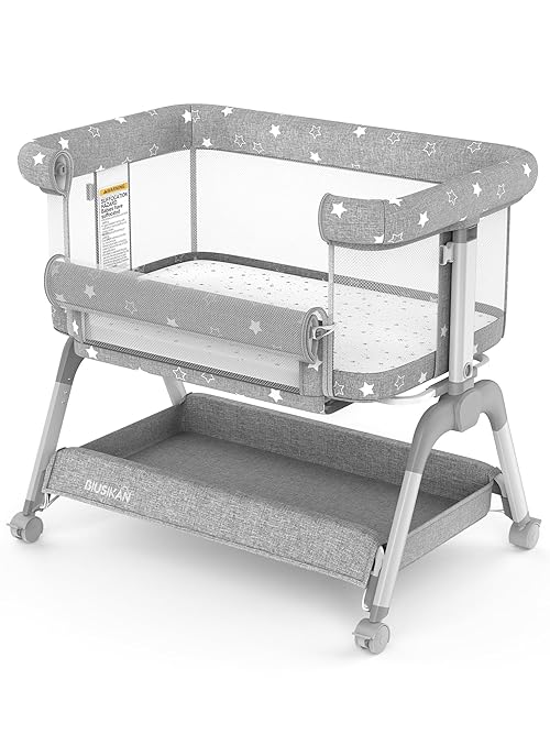 BIUSIKAN Bassinet Bedside Sleeper, Baby Crib with Mattress and Adjustable Height & Upgraded Wheels, All Mesh Portable Bassinet for Co-Sleeping, Baby Bed for Newborn