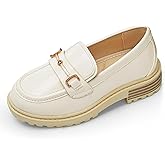 Coutgo Girl's Platform Loafers Slip On Chain Chunky Heel Leather Flats Round Toe School Uniform Dress Shoes