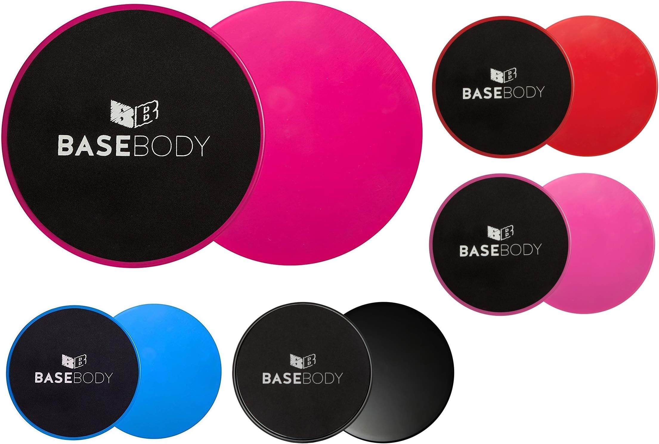 BaseBody Gliding Discs - Pink or Blue or Black – Core Sliders - Exercise Discs - Reversible for use on Carpet or Hard Floors – Core Trainer – Core Slider- Abdominal workout - Crossfit
