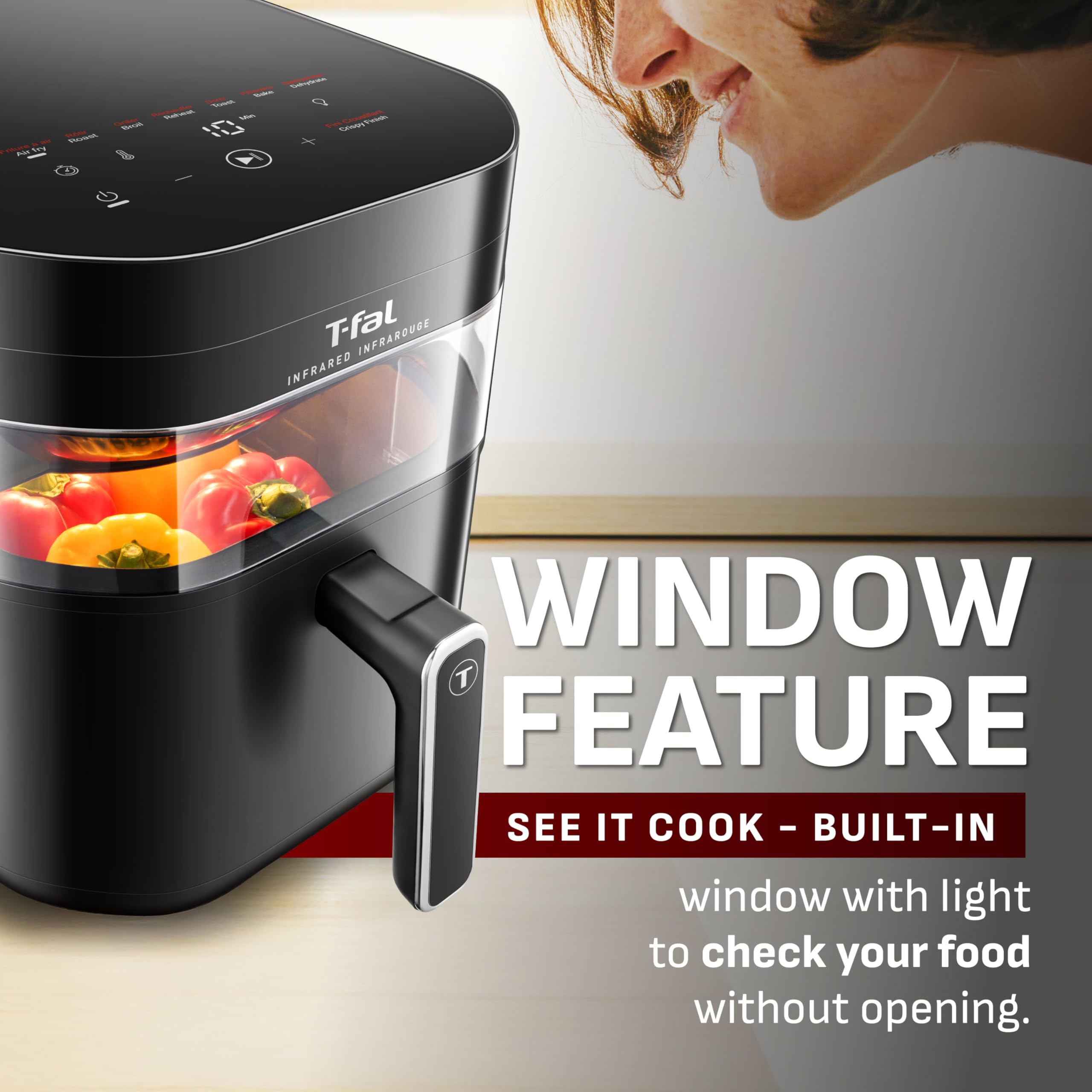 T-fal Freidora de aire por infrarrojos, 2 veces más rápida que el calentamiento tradicional*, Combo de deshidratador de freidora de aire grande, 8 funciones de cocción, ventana con luz, tecnología sin vibración, Apta para lavavajillas, 1800 W, negra
