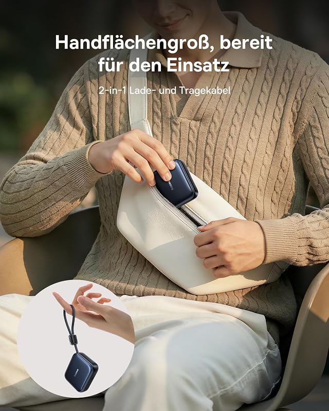 AC22 Mini Powerbank 10000mAh, 45W PD Schnellladung, Externer Handyakku mit integriertem USB-C Kabel & LED-Digitalanzeige, Ultra Mini im Taschenformat für iPhone Duo/18/17/16/15, Samsung S26/S25