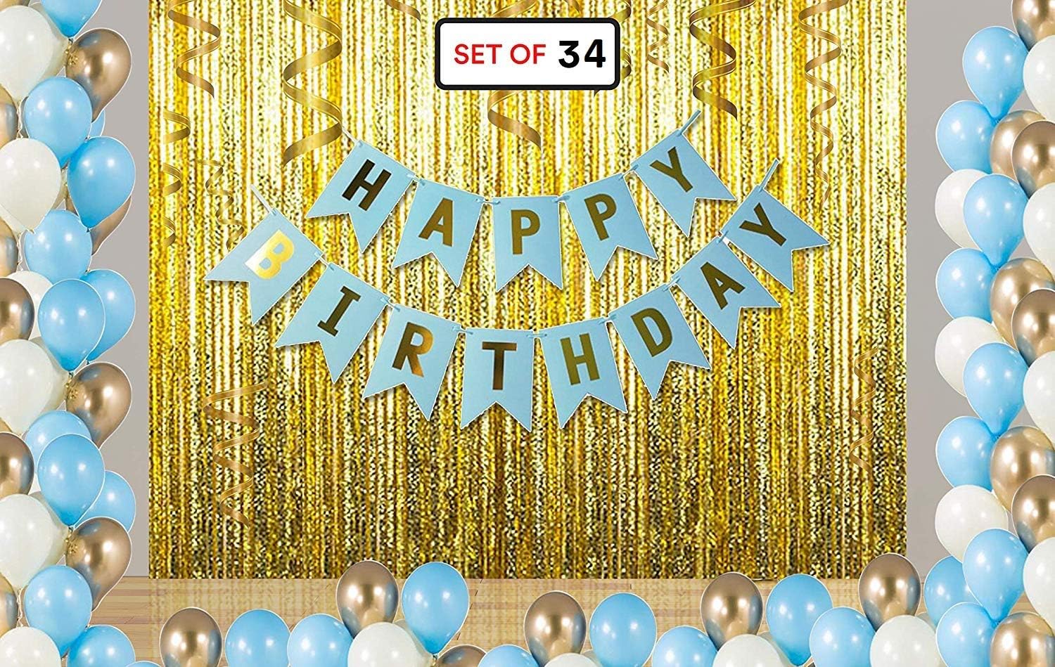 Theme My Party Birthday Decoration Combo for Boys - Blue Banner, Balloons & Curtain