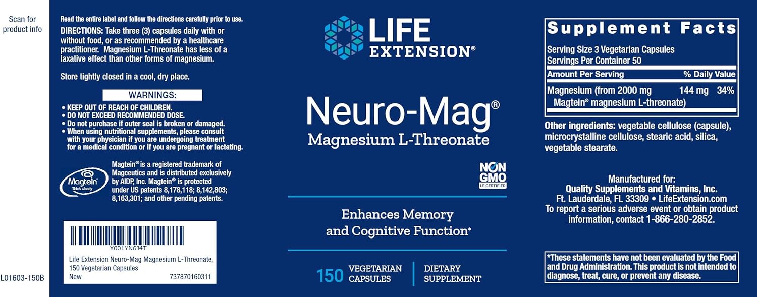 Life Extension Neuro-Mag Magnesium L-Threonate, 90 Vegetarian Capsules: Health & Personal Care
