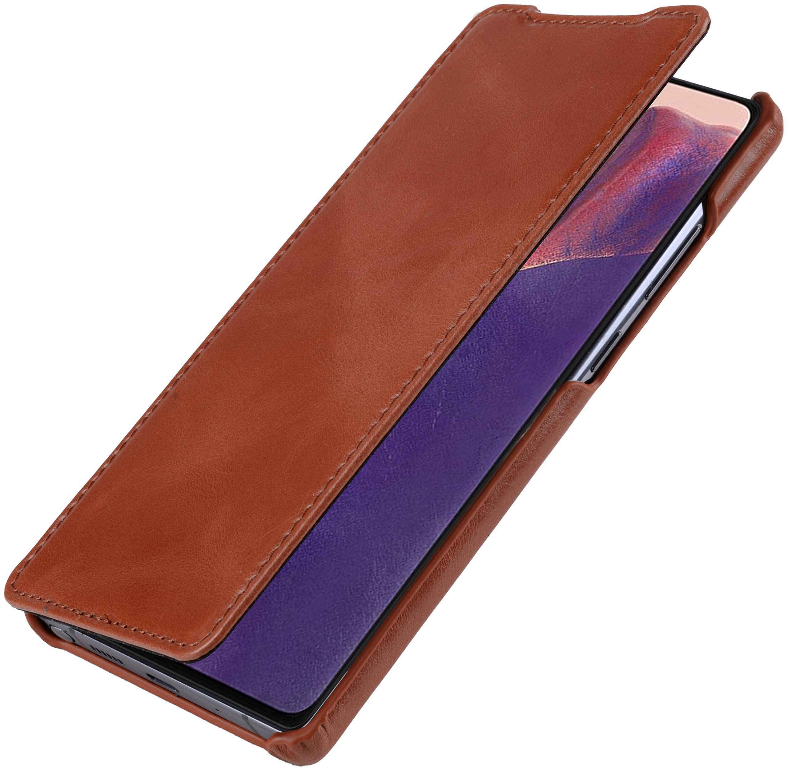 StilGut Book Type Flip Case for Samsung Galaxy Note 20, Genuine Leather Samsung Note 20 Case, Cognac Antique