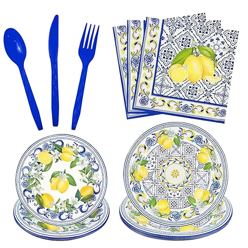 Capri Lemon Party Supplies - Mediterranean Lemon Party Tableware Serves 32 Guest Includes Party Plates Spoons Forks Napkins Party Pack for Birthday Baby Shower Decoration Party Favor Supplies
