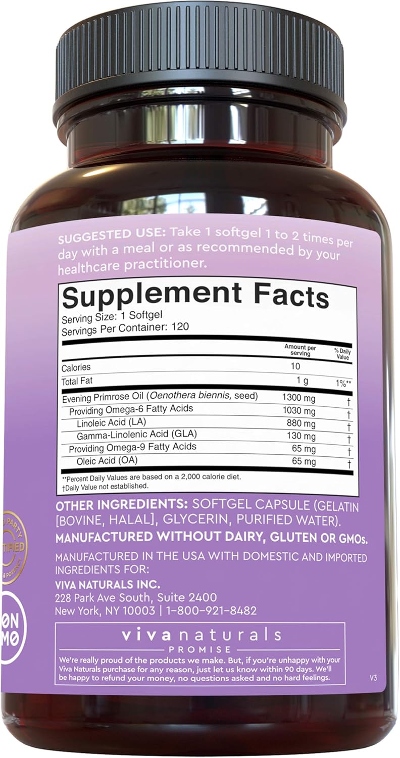Evening Primrose Oil Capsules with GLA (1300 mg), 120 Softgels, Helps Support Hormone Balance for Women, Cold-Pressed, Gluten-Free & Non-GMO: Health & Personal Care