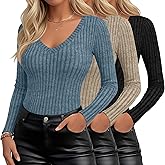 Velvelhall 3 Pack Womens V Neck Sweaters Long Sleeve Ribbed Fitted Shirts Pullover Lightweight Sweater Thermal Fall Layer Top