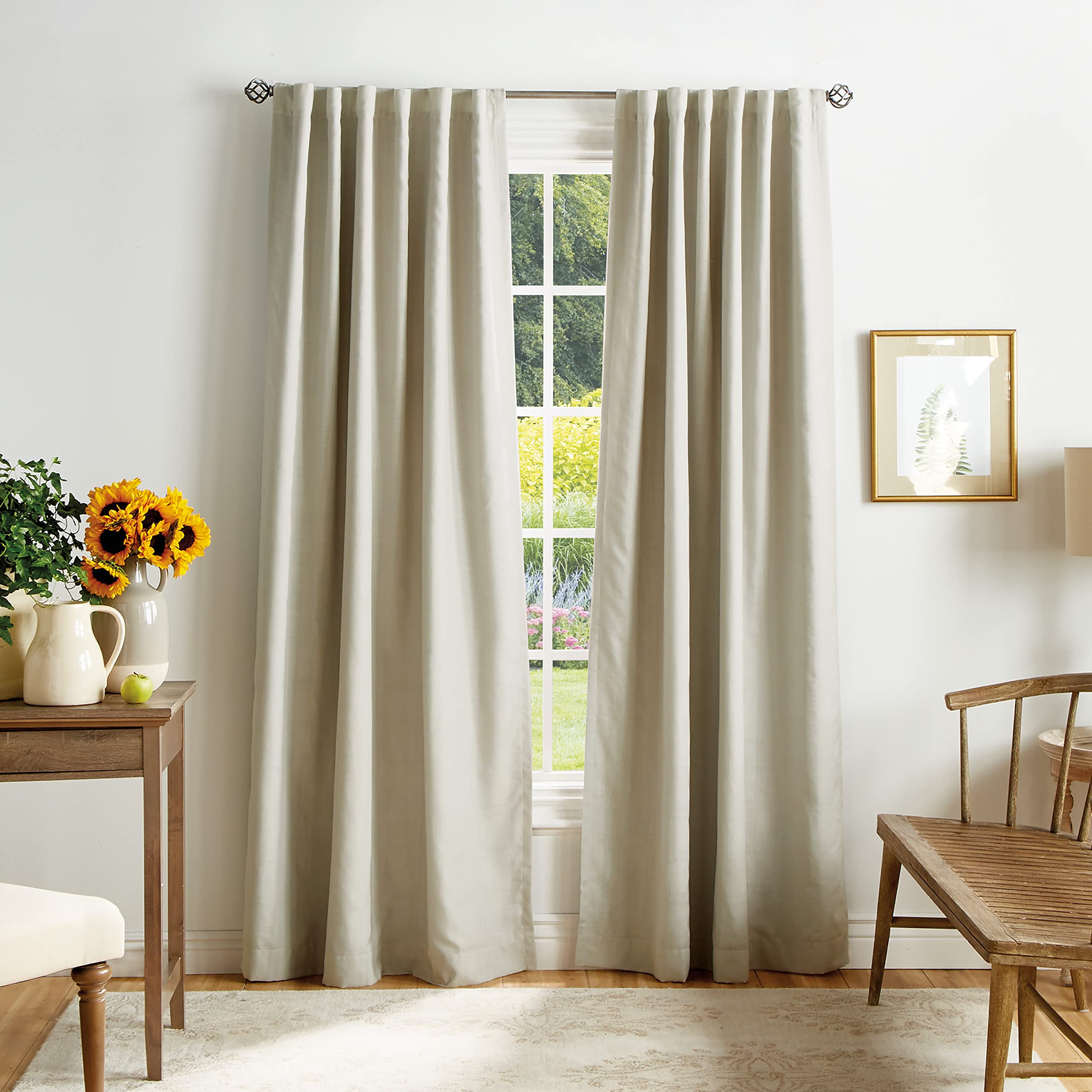Photo 1 of Martha Stewart Bedford Woven Plaid Blackout Back Tab Window Curtain Panel Pair, 95", Linen