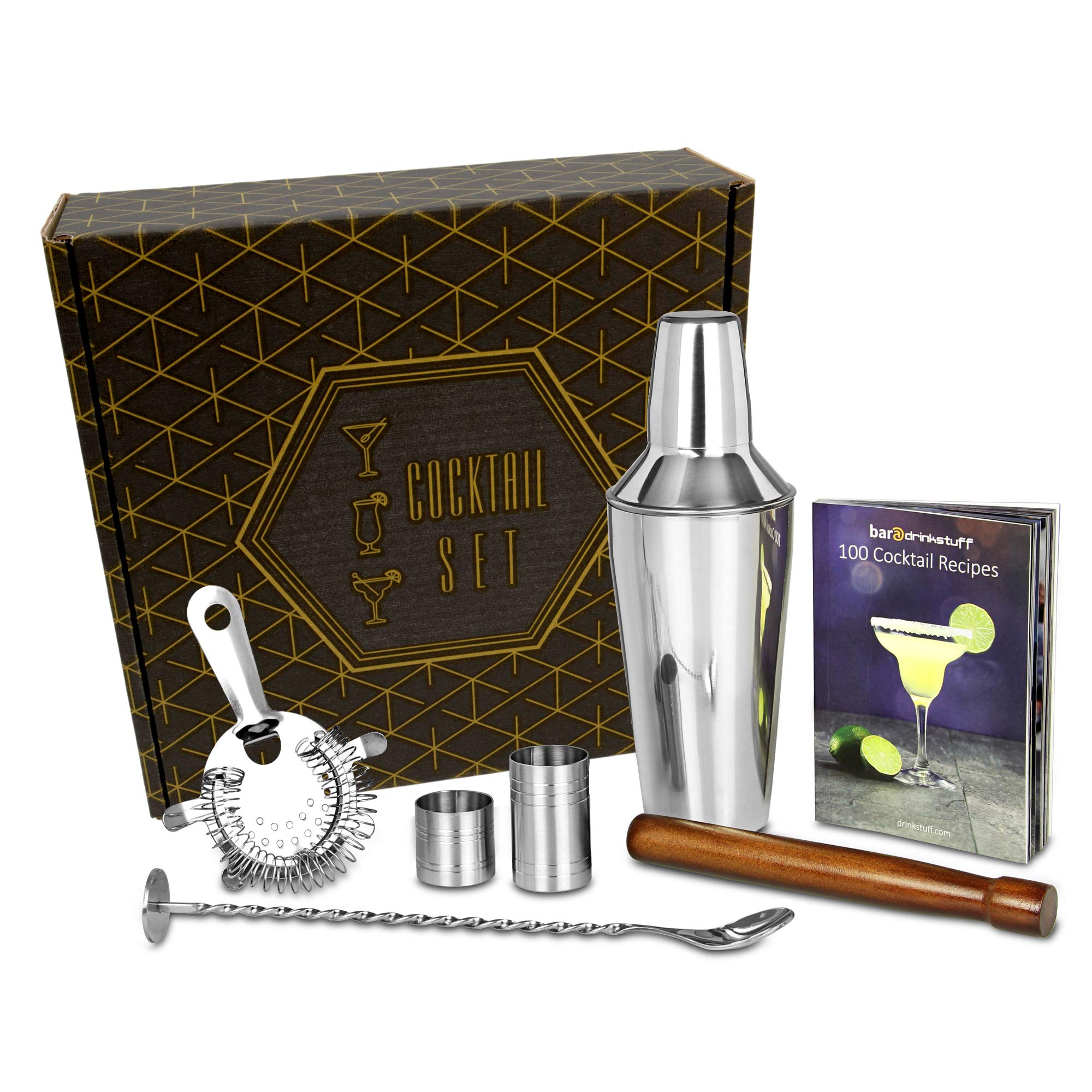 bar@drinkstuff Manhattan Cocktail Shaker Set with Recipe Book and Accessories