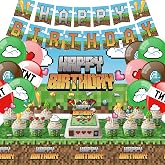Pixel Birthday Party Decorations, Party Supplies Set Including Balloons, Backdrop, Banner, Tablecloth, Hanging Swirls, Cake Cupcake Toppers for Pixel Theme Party