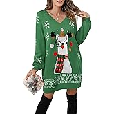 Kocowoo Women's Ugly Christmas V Neck Oversize Sweater Dress Long Sleeve Loose Holiday Knit Xmas Mini Dress.