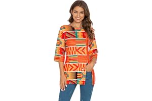 Afibi Womens Print Shirt African Dashiki 3/4 Sleeve Boho Loose Tunic Tops