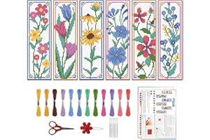 ORIGACH 6 Pcs Flower Cross Stitch Bookmark Kit for Beginner with Backing Felt Floss Instruction Sunflowers Tulip DIY Stamped Embroidery Bookmark Kit for Starter Adults Book Lovers