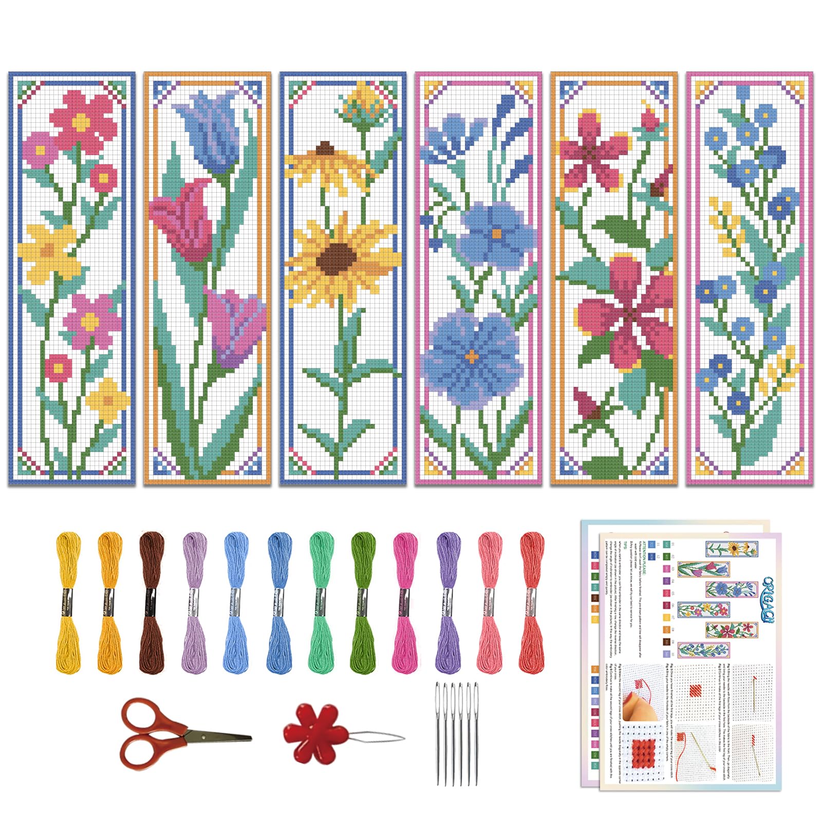 ORIGACH 6 Pcs Flower Cross Stitch Bookmark Kit for Beginner Sunflowers Tulip DIY Stamped Embroidery Bookmark Kit for Starter Printed Cross Stitch Kits with Instruction for Book Lovers 20x6cm