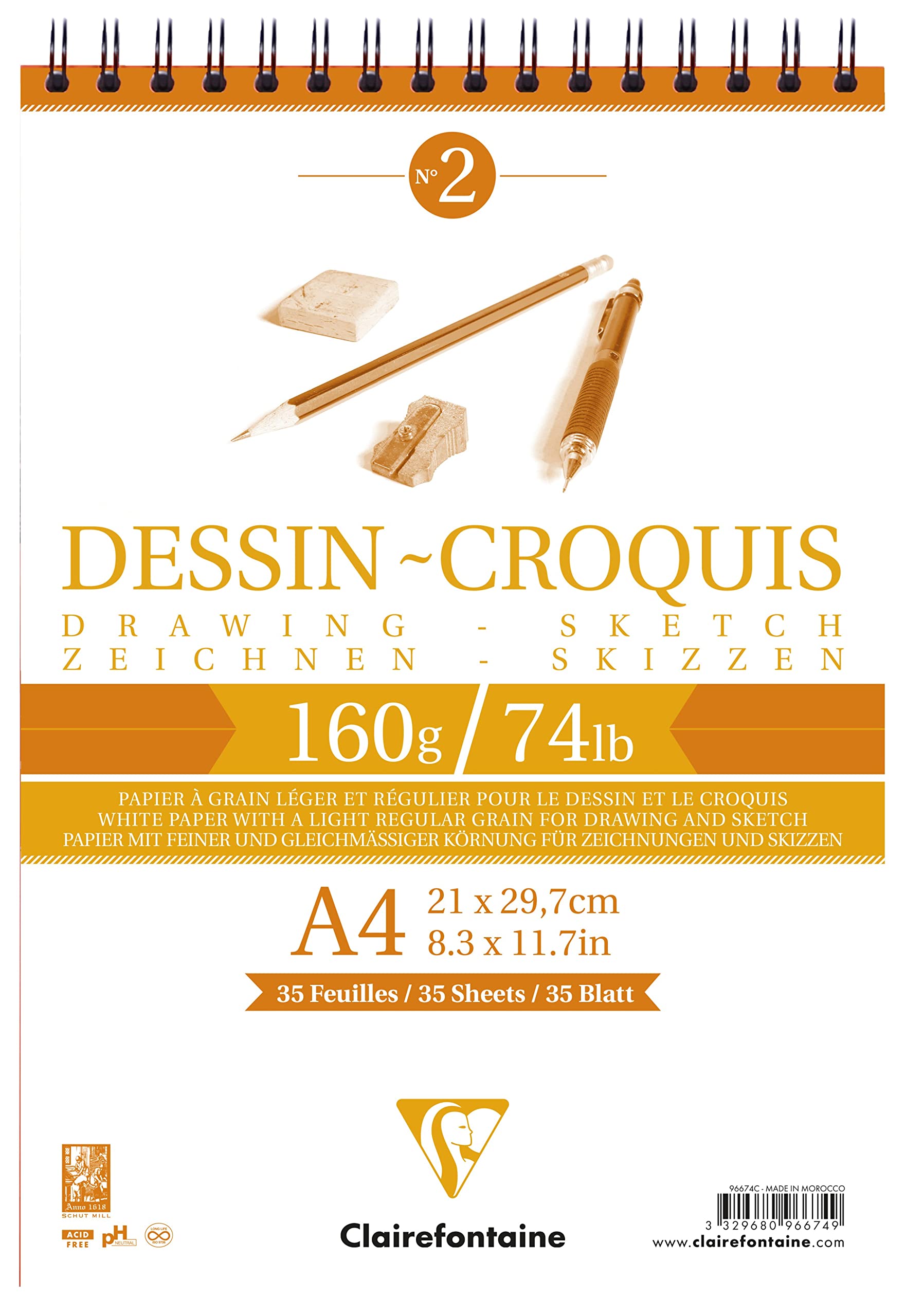 Clairefontaine 96674C Bloc Spiralé en-tête Papier Dessin Croquis - 35 Feuilles Papier Dessin au Grain Très Léger - A4 21x29,7 cm 160g - Paquet de 5 blocs