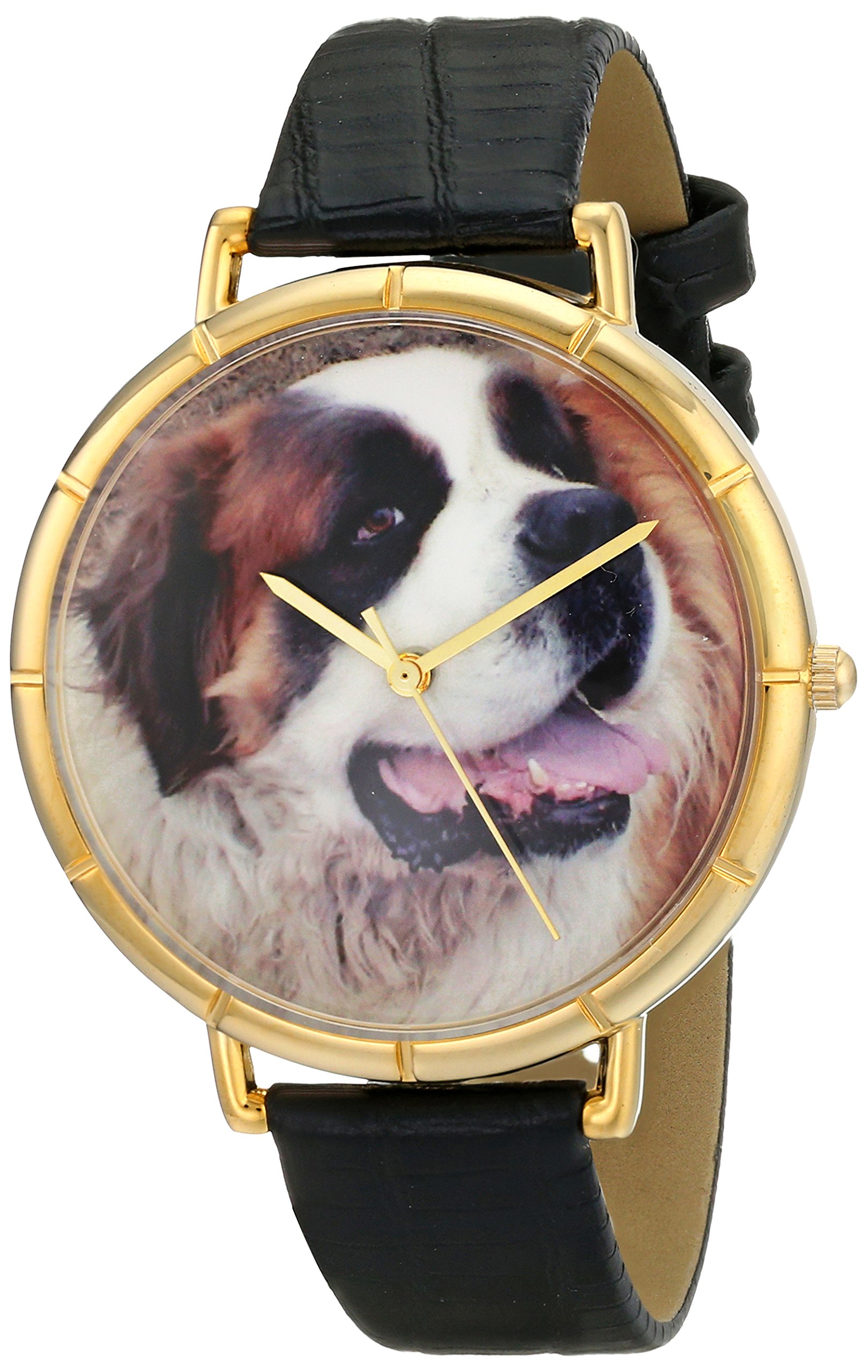 Whimsical Watches Saint Bernard Black Leather and Goldtone Photo Unisex Quartz Watch with White Dial Analogue Display and Multicolour Leather Strap N-0130070