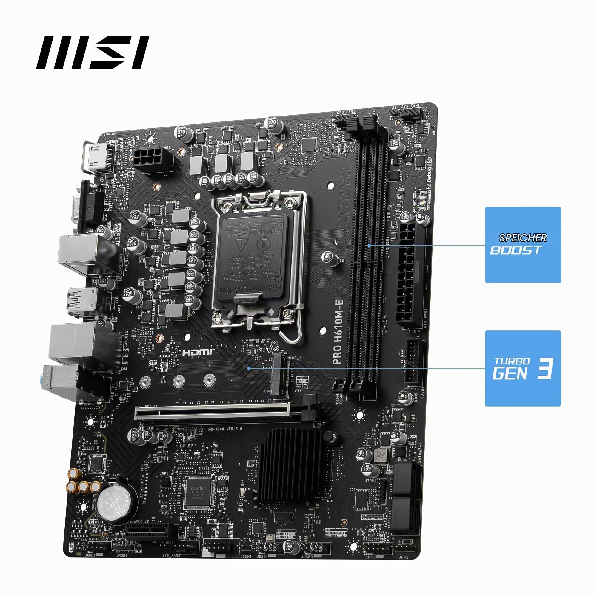 MSI PRO H610M-E Motherboard, Micro-ATX - Unterstützt Intel Core Prozessoren der 12. und 13. Generation, LGA 1700 - DDR5 Memory Boost 5600MHz/MAX, PCIe 4.0 x16 Slot, M.2 Gen3 Slot 3