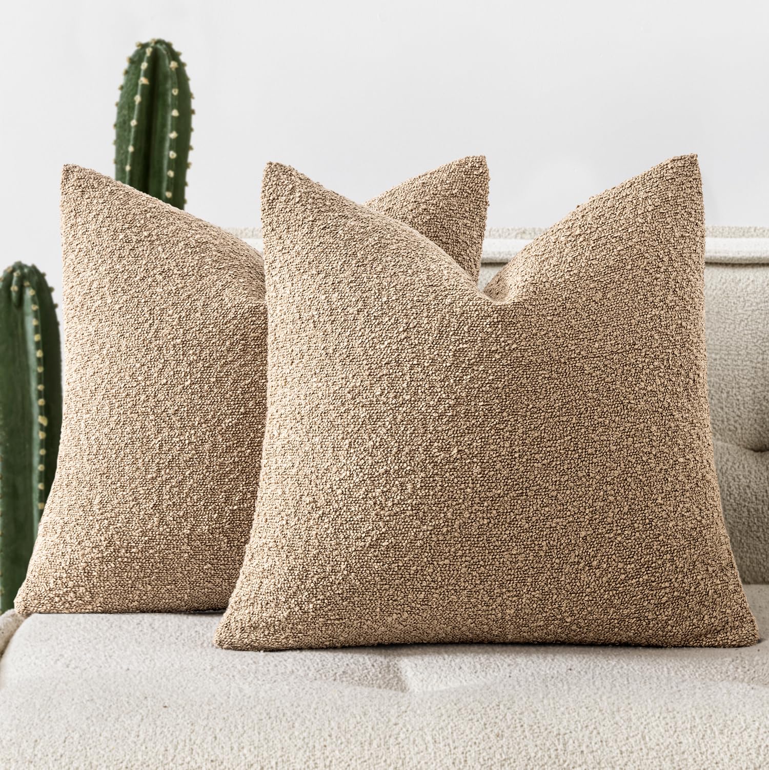 Photo 1 of Woaboy Pack of 2 24x24 Inch Decorative Boucle Throw Pillow Covers Textured Square Pillowcaes Accent Euro Solid Cozy Soft Cushion Covers Home Decor for Sofa Couch Living Room Home Decor,Khaki