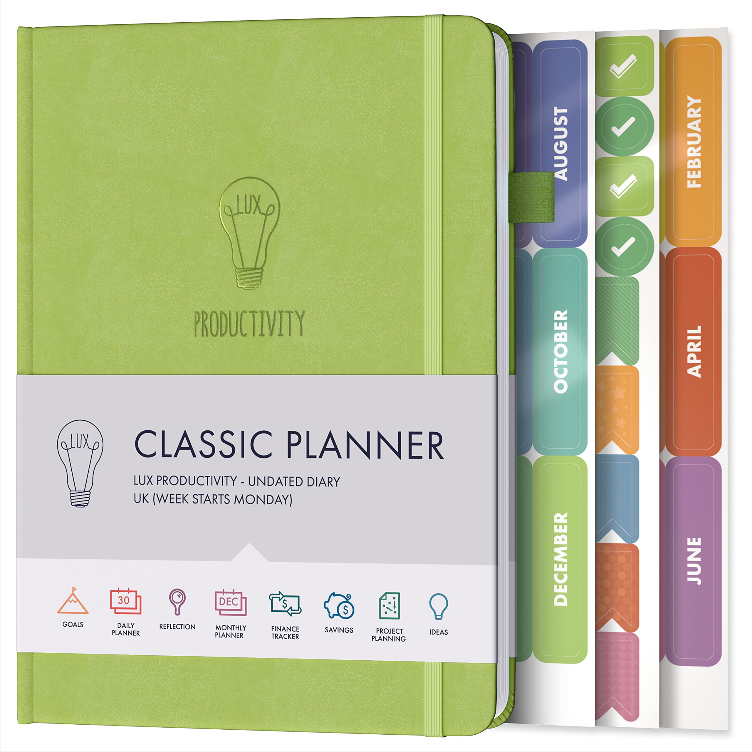 Daily Planner & appointment diary - Gratitude journal, wellness journal & Undated weekly planners and organisers - Desk journals for women & men - LUX Productivity Classic (LIME GREEN) — image 1