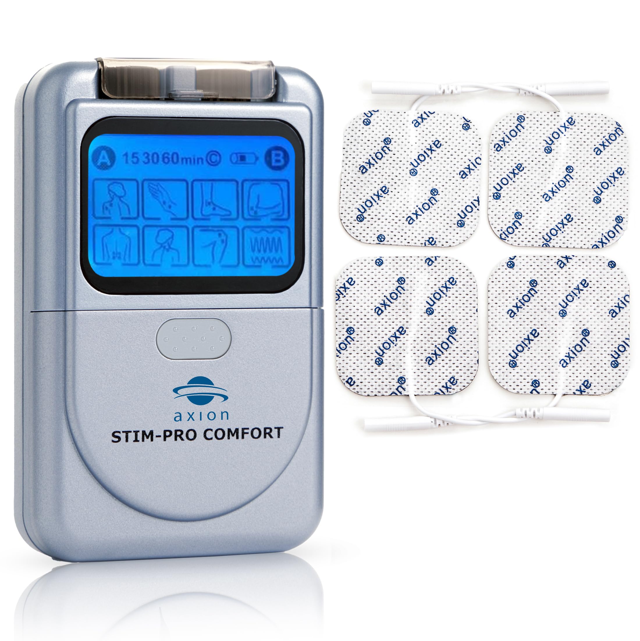 axion TENS Machine for Pain Relief STIM-PRO Comfort - with 4 pcs of 5x5cm Electrode Pads | Dual Channel TENS unit for muscle and nerve stimulator
