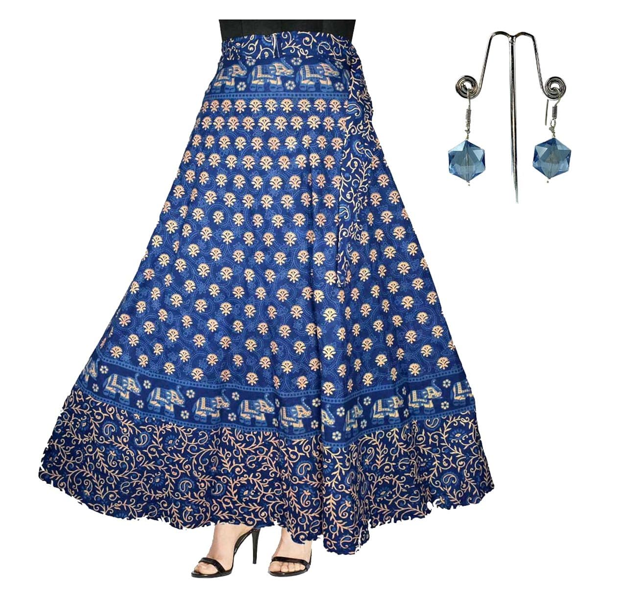 generic women's eshopitude cotton jaipuri wrap around skirt with earrings, free size (blue, eshski (17)) - pack of 2