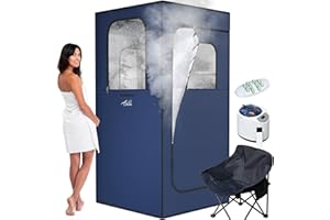 ouluu Large Portable Steam Sauna, 3L Steamer Portable Sauna Box for Home, Personal Sauna with Big Sauna Chair, Remote Control, Foot Massager, 3.2’ x 3.2’ x 6.0’, Navy Blue, 1200W